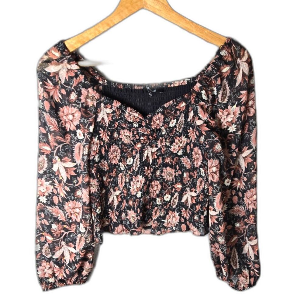 Madewell Lucie Smocked Floral Crop Top Black M Sweetheart Balloon Sleeve